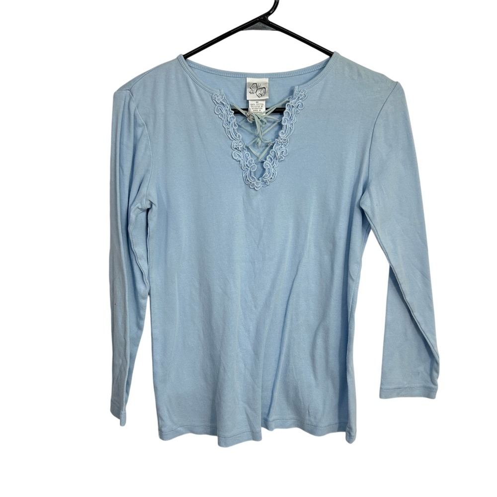 Cottagecore Lace Up V-Neck Top Medium Light Blue Coquette Fairy Y2K Soft Girl